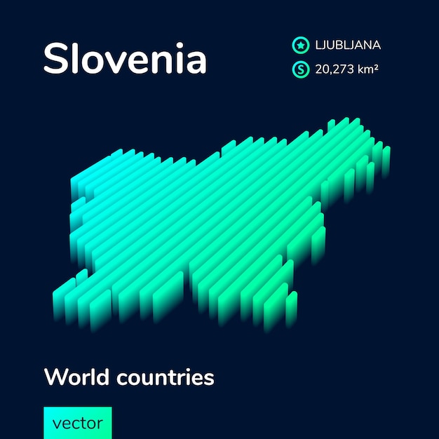 Mapa 3d isométrico de neón vectorial rayado estilizado de eslovenia está en colores menta sobre fondo azul oscuro