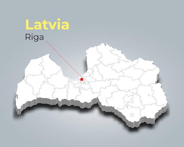 Mapa 3d de letonia con fronteras de regiones y su capital.