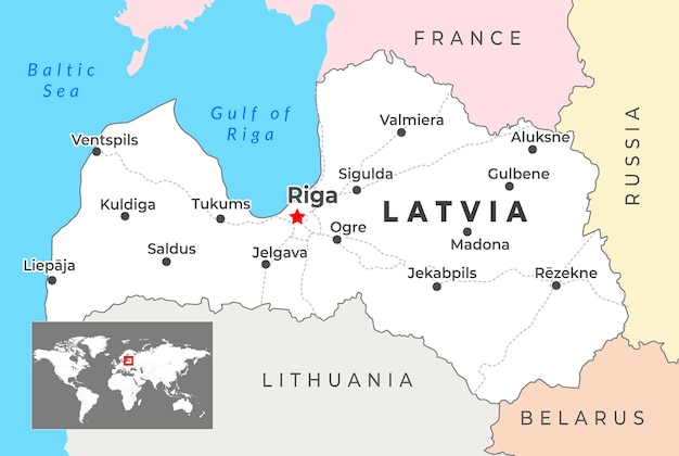 Mapa 3D de Letonia con las fronteras de las regiones y su capital
