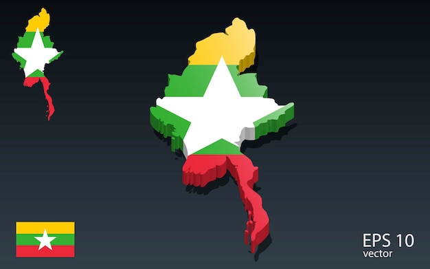 Mapa 3D de Myanmar y diseño de forma 3D de la bandera Concepto del día de la independencia Vista en perspectiva Vector