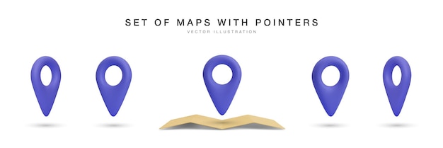Mapa 3d realista con conjunto de puntero azul en diferentes puntos de vista aislado sobre fondo blanco Ilustración vectorial