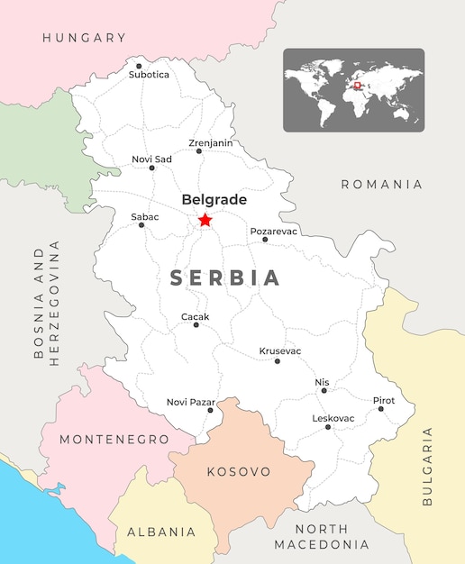 Mapa 3D de Serbia con fronteras de regiones y su capital