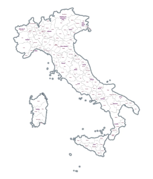 Vector mapa administrativo de italia que muestra las regiones y las provincias