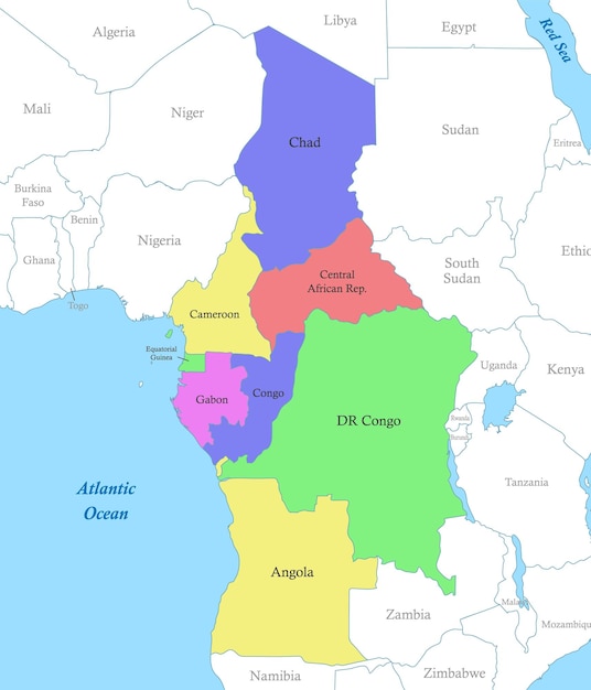 Mapa de áfrica central con las fronteras de los estados