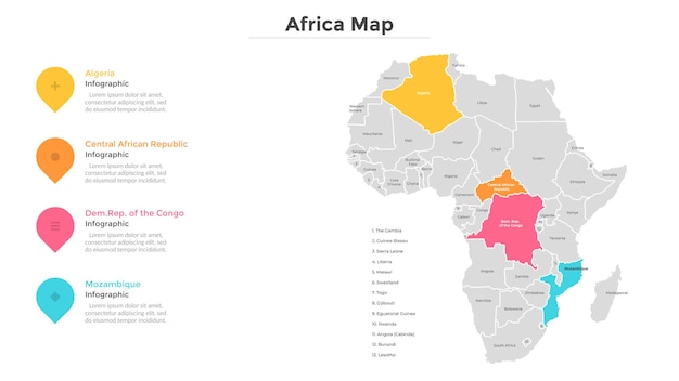 Mapa de áfrica dividido en estados o países con fronteras modernas. indicación de ubicación turística. plantilla de diseño infográfico. ilustración de vector de presentación, folleto, sitio web.