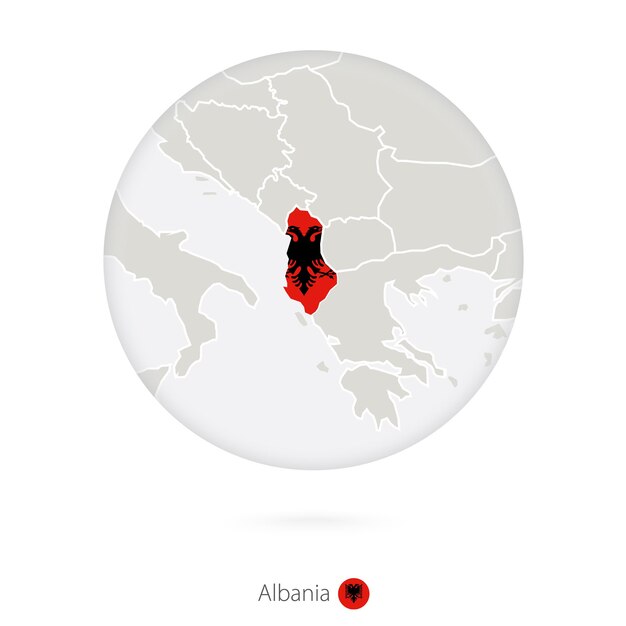 Vector mapa de albania y bandera nacional en un círculo contorno de mapa de albania con bandera ilustración vectorial