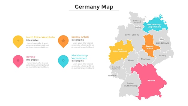 Mapa de alemania dividido en provincias o regiones con fronteras modernas. indicación de ubicación geográfica. plantilla de diseño infográfico. ilustración de vector de presentación, folleto, sitio web turístico.