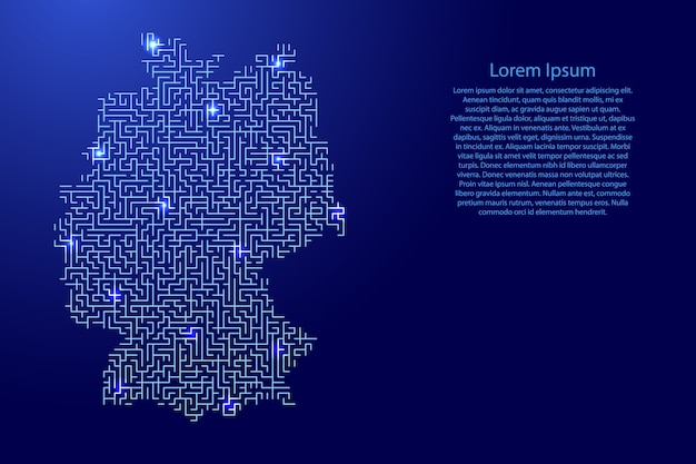 Mapa de alemania del patrón azul de la cuadrícula del laberinto y la cuadrícula de estrellas espaciales brillantes.