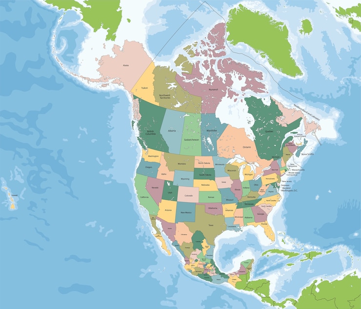 Vector mapa de américa del norte con estados unidos, canadá y méxico