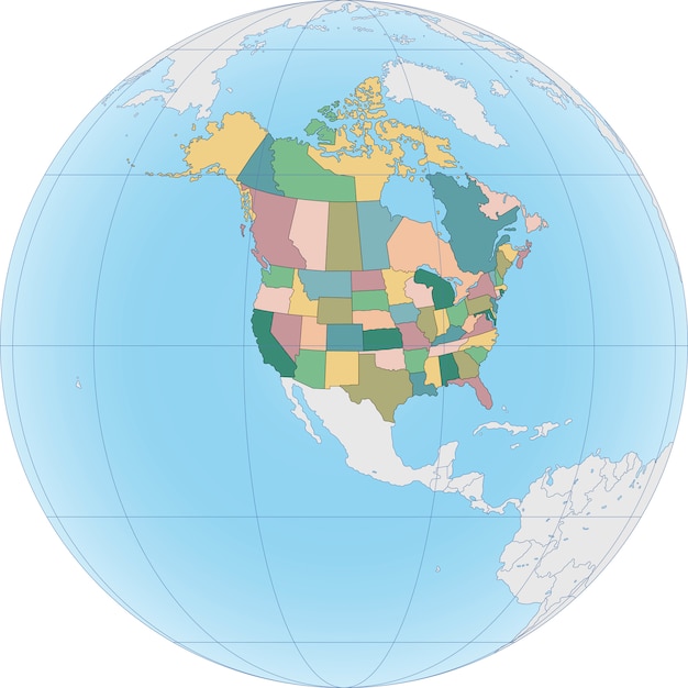 Mapa de américa del norte con estados unidos y canadá.