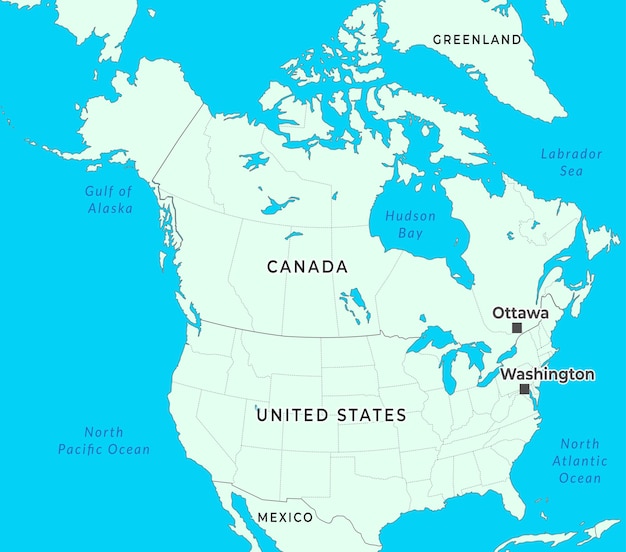 Mapa de América del Norte que destaca los países que bordean las principales ciudades