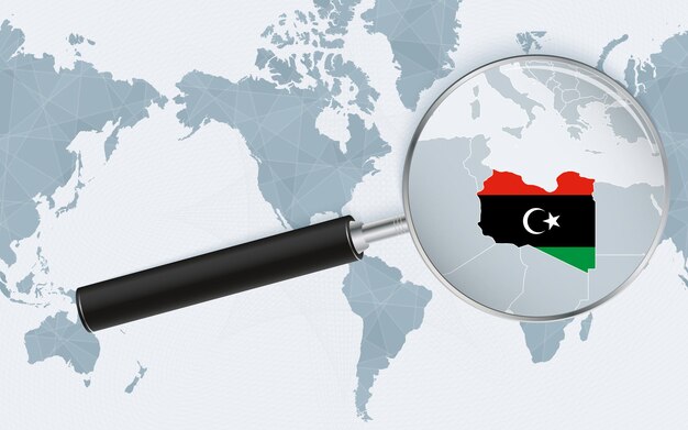 Mapa ampliado de Libia en el mapa mundial centrado en América Mapa ampliado y bandera de Libia