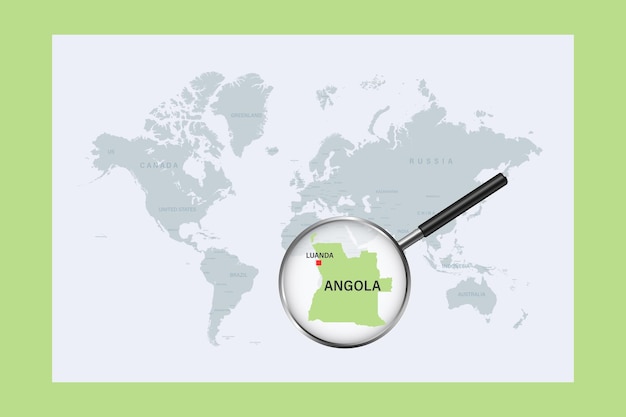 Mapa de Angola en el mapa del mundo político con lupa. Mapa muy detallado con fronteras y países.