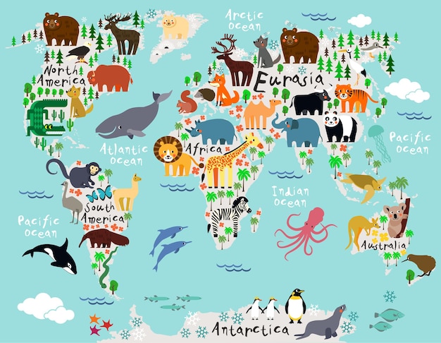 Mapa de animales del mundo para niños y niños.