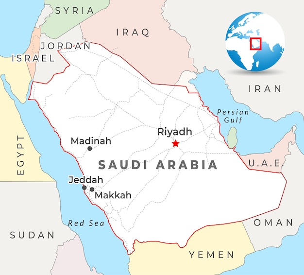 Mapa de Arabia Saudita con la capital Riad, las ciudades más importantes y las fronteras nacionales