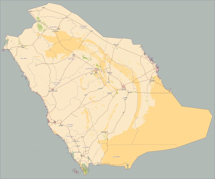 Vector mapa de arabia saudita con etiquetas en árabe