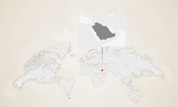 Mapa de Arabia Saudita con países vecinos fijados en el mapa mundial