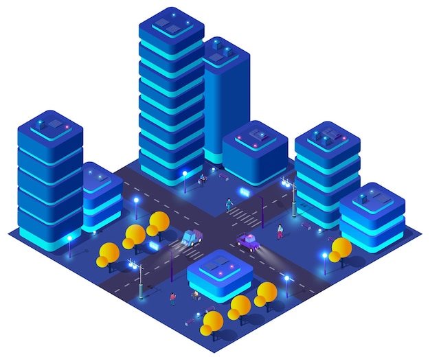 Mapa del área urbana de la ciudad Ilustración 3D ultravioleta de luces nocturnas isométricas
