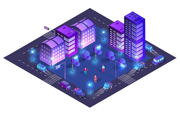 Vector mapa del área urbana de la ciudad ilustración 3d ultravioleta de luces nocturnas isométricas