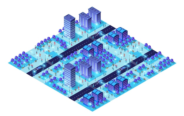 Mapa del área urbana de la ciudad Ilustración 3D ultravioleta de luces nocturnas isométricas