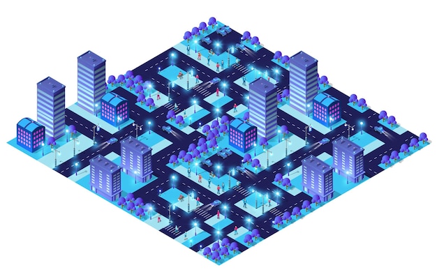 Mapa del área urbana de la ciudad Ilustración 3D ultravioleta de luces nocturnas isométricas