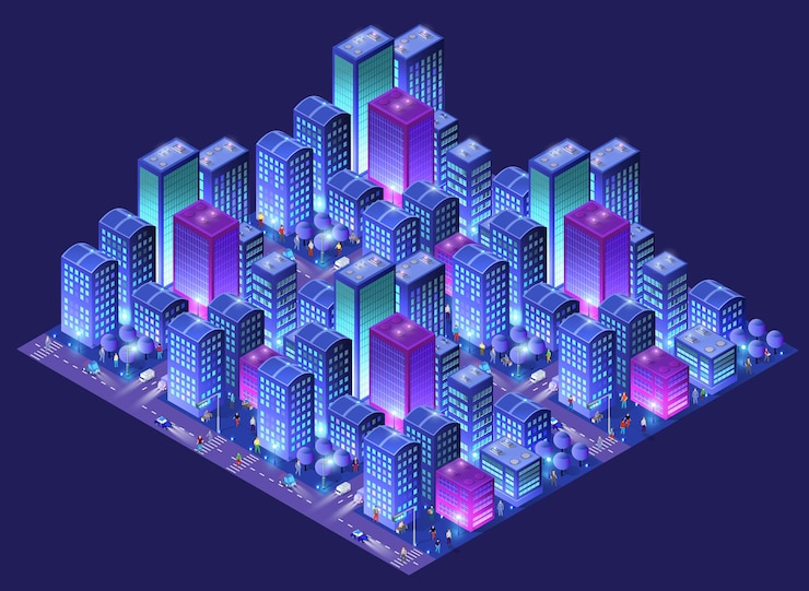 Vector mapa del área urbana de la ciudad ilustración 3d ultravioleta de luces nocturnas isométricas