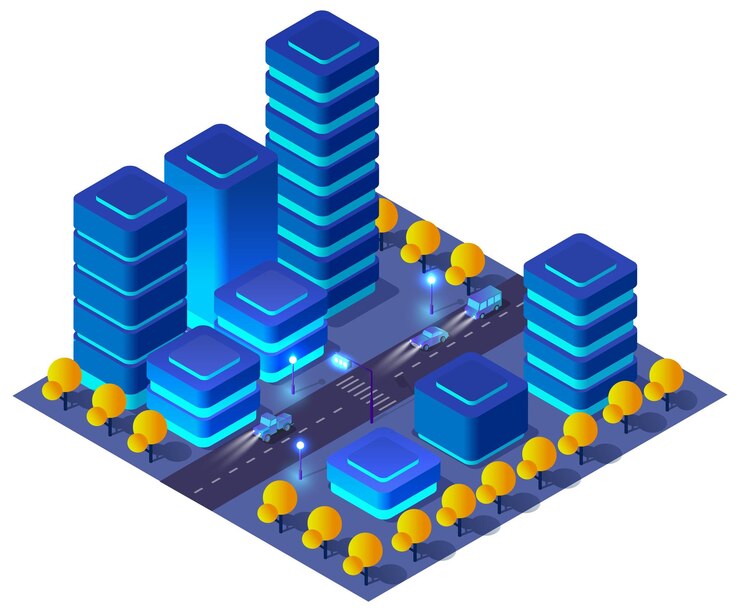 Vector mapa del área urbana de la ciudad luces nocturnas isométricas arquitectura de ilustración 3d ultravioleta
