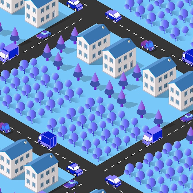 Vector mapa del área urbana de la ciudad vehículos isométricos ilustración 3d