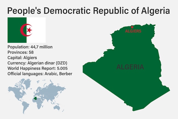 Mapa de Argelia muy detallado con capital de bandera y pequeño mapa del mundo