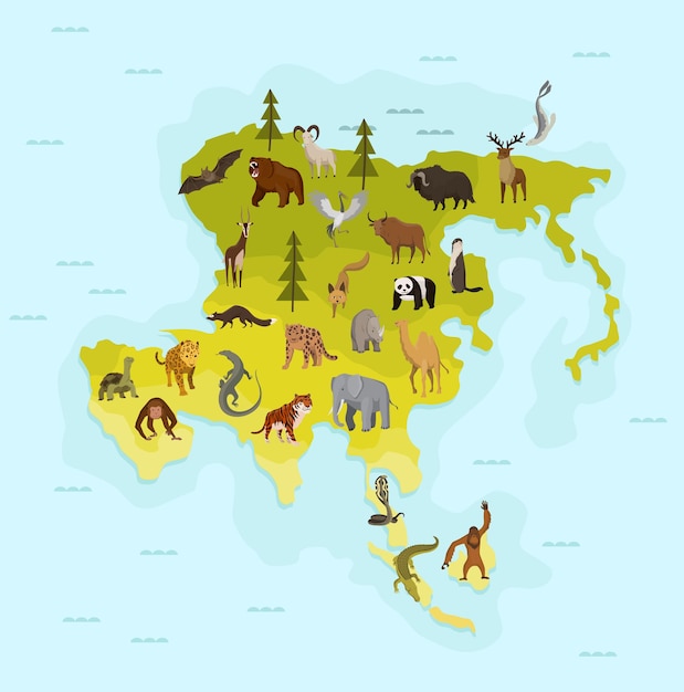 Mapa de asia con diferentes animales. banner de divertidos dibujos animados para niños con el continente