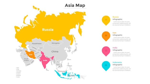 Mapa de asia. territorio del continente asiático dividido por las fronteras del país. indicación de ubicación geográfica. plantilla de diseño infográfico moderno. ilustración vectorial para sitio web turístico, informe estadístico.