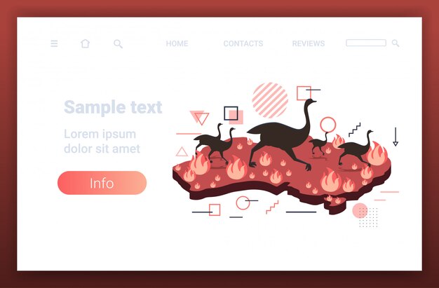 Vector mapa de australia con avestruces huyendo de los animales en peligro de extinción muriendo en incendios forestales, concepto de desastre natural, intensas llamas naranjas horizontales