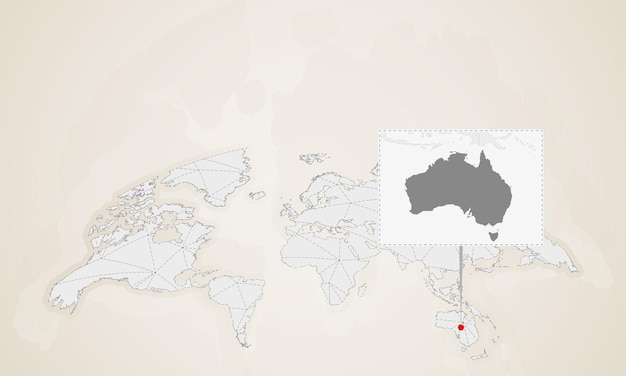 Mapa de australia con los países vecinos fijados en el mapa mundial