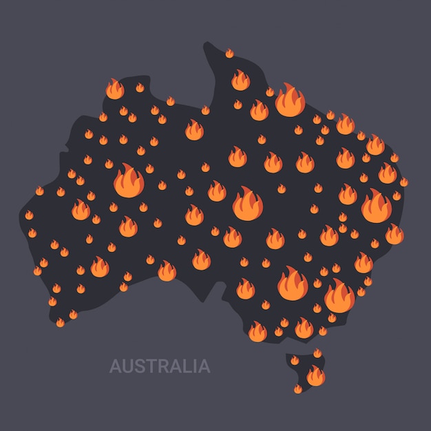 Mapa de australia con símbolos de fuego incendios forestales incendios forestales estacionales calentamiento global concepto de desastres naturales iconos de llamas anaranjadas planas