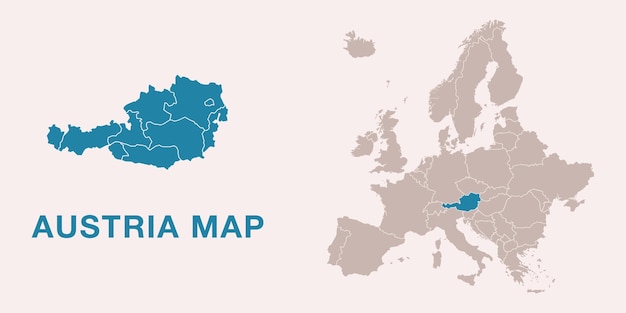 Mapa de Austria con divisiones administrativas y posición resaltada en Europa Aislado en blanco