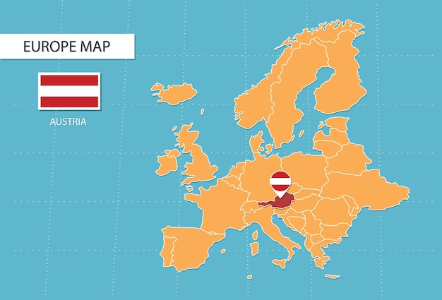 Mapa de austria en europa, iconos que muestran la ubicación y las banderas de austria.