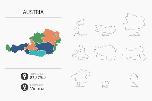 Vector mapa de austria con mapa detallado del país elementos del mapa de ciudades áreas totales y capital