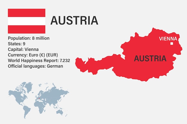 Mapa de Austria muy detallado con capital de bandera y pequeño mapa del mundo