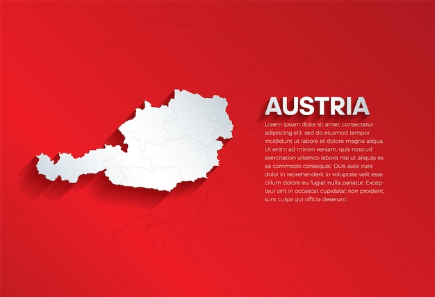Mapa de Austria con papel cortado de sombra aislado sobre un fondo rojo.