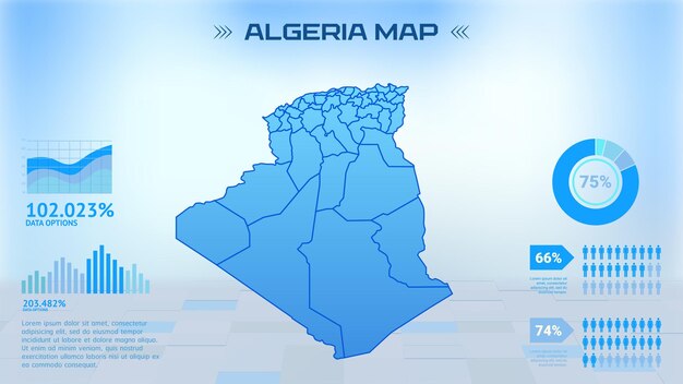 Mapa azul de Argelia Mapa con estados Ilustración vectorial de infografía del mapa político de Algería