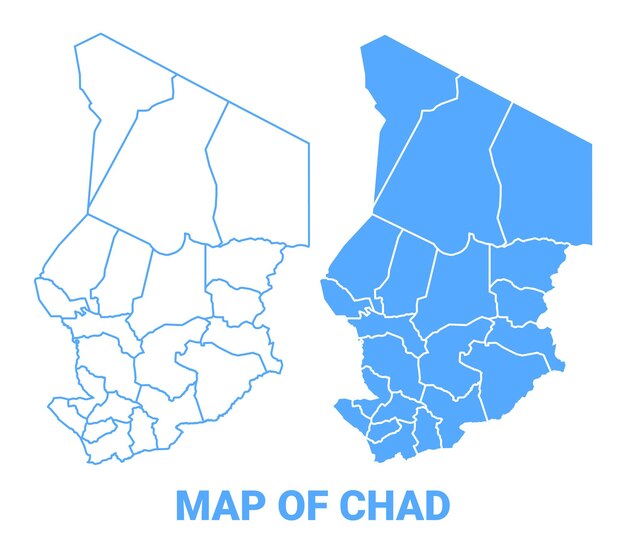 Mapa azul de las regiones planas de Chad Ilustración vectorial del contorno fronterizo
