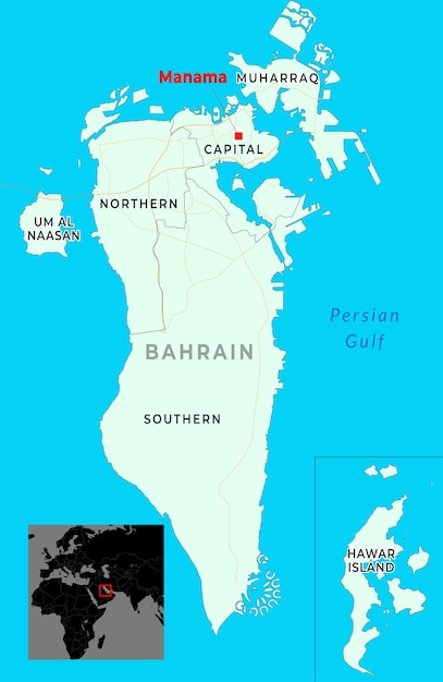 Mapa de Bahréin con la capital Manama marcada con las ciudades más importantes