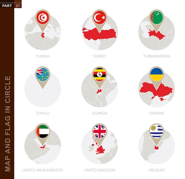 Mapa y bandera en un círculo de 9 países