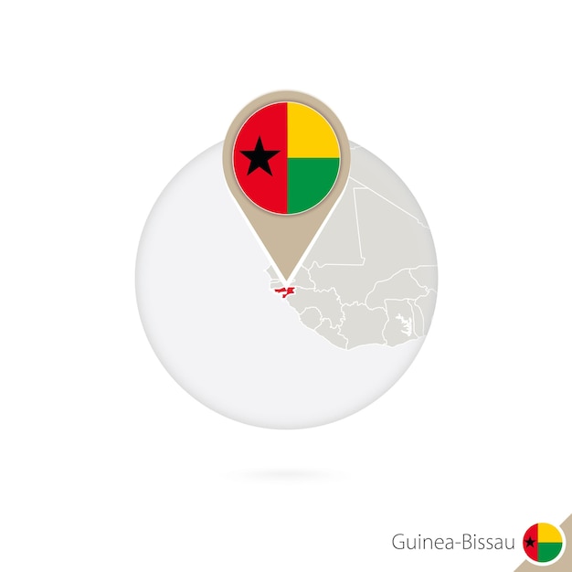 Mapa y bandera de Guinea-Bissau en círculo. Mapa de Guinea-Bissau, pin de la bandera de Guinea-Bissau. Mapa de Guinea-Bissau al estilo del mundo. Ilustración de vector.