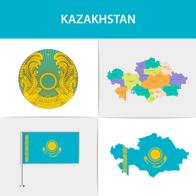 Mapa de la bandera de Kazajstán y escudo de armas