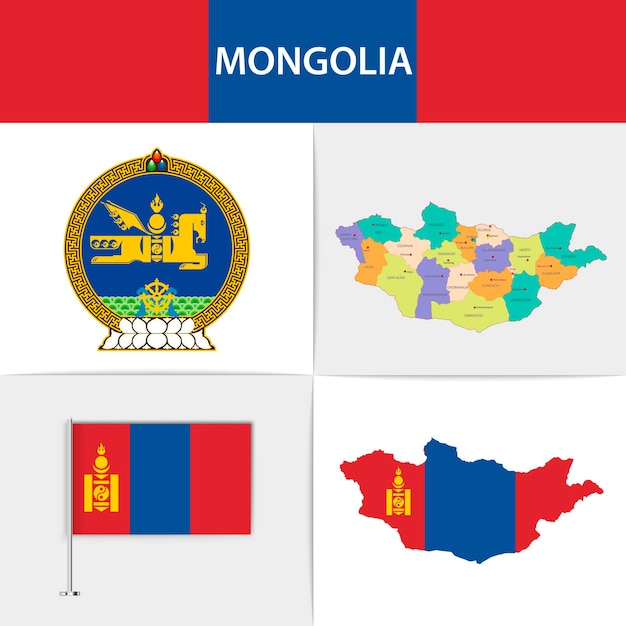 Vector mapa de la bandera de mongolia y escudo de armas