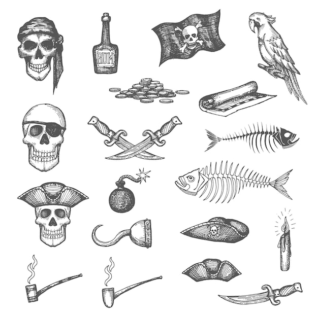 Mapa y bandera pirata, calaveras, armas de dagas y huesos de pescado, botella de ron, pipa de loro y tabaco, bocetos de velas. Monedas vectoriales dibujadas a mano de corsario, filibustero o bucanero, gancho de mano y bala de cañón