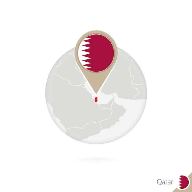 Mapa y bandera de qatar en círculo. mapa de qatar, bandera de qatar. mapa de qatar al estilo del mundo. ilustración de vector.