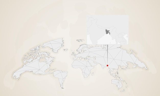 Mapa de bangladesh con países vecinos fijados en el mapa mundial