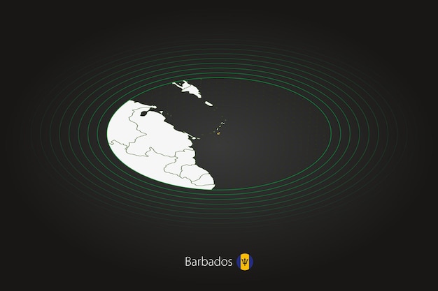 Mapa de Barbados en un mapa ovalado de color oscuro con los países vecinos